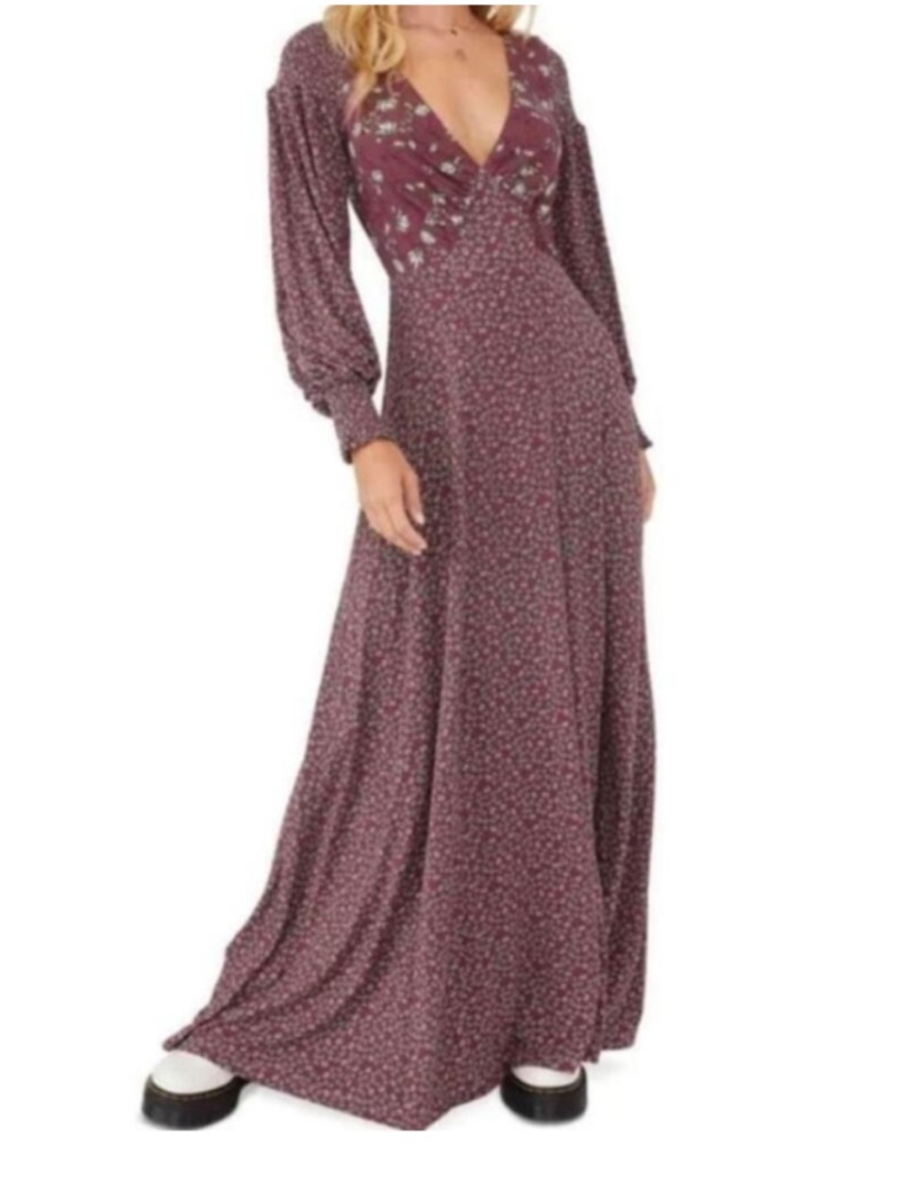 Floral V-Neck Maxi Dress in Burgundy